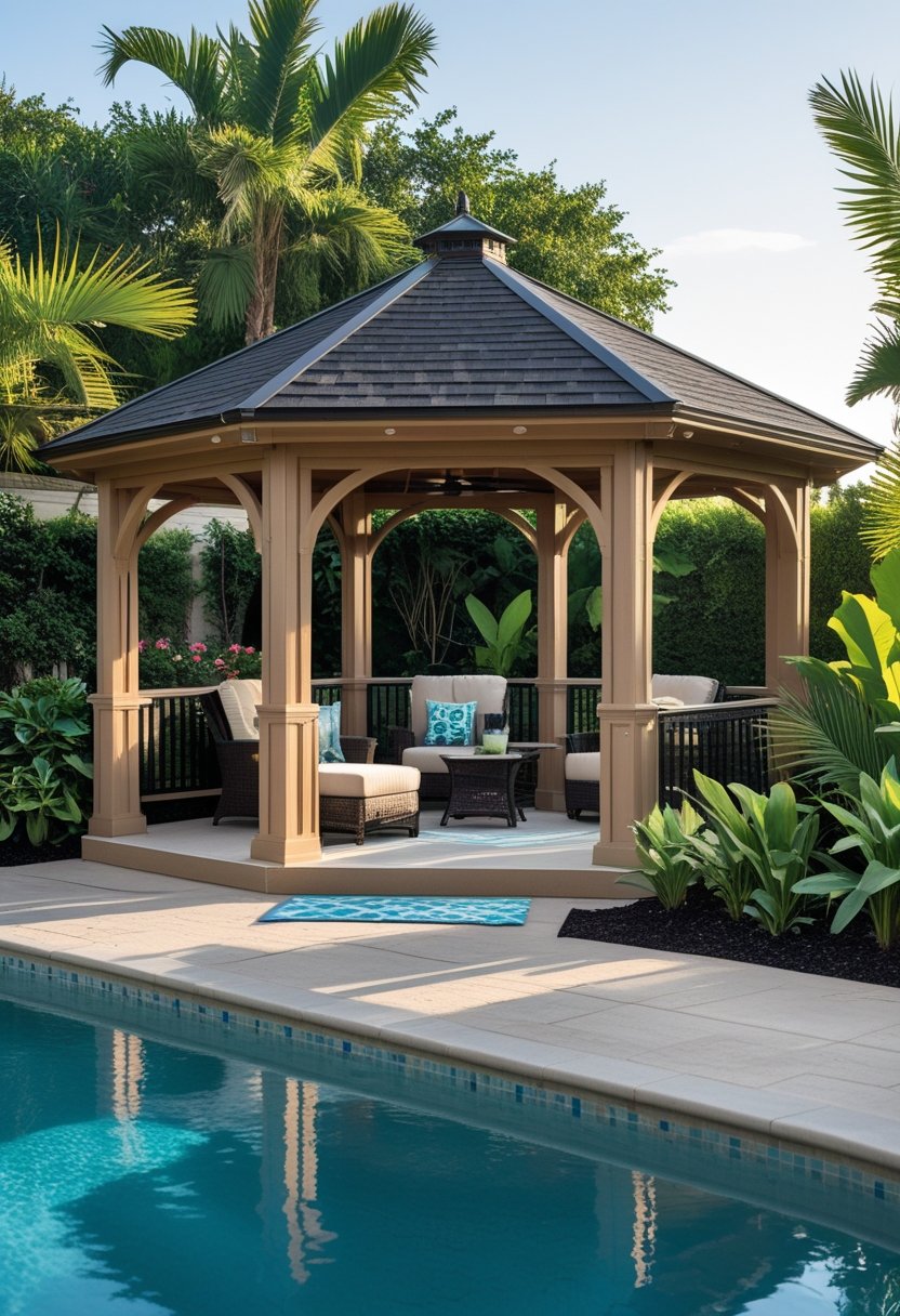 A poolside gazebo made of weather-resistant materials next to a swimming pool with outdoor furniture and surrounding plants.