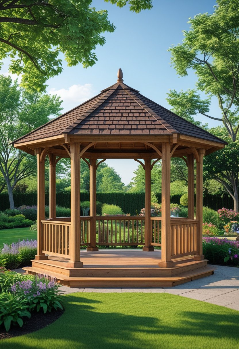 A hexagonal wooden gazebo with a shingled roof standing in a garden surrounded by grass, flowers, and trees under a clear sky.