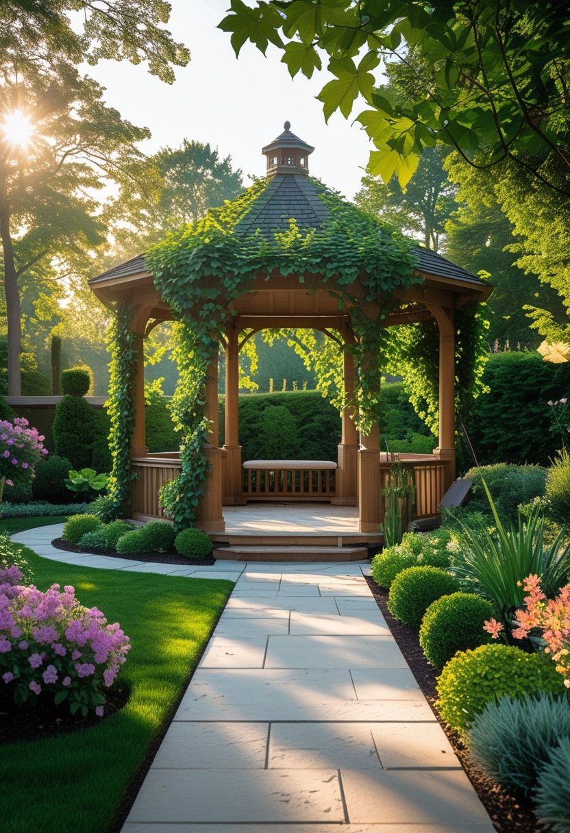 A garden with a wooden gazebo covered in climbing vines surrounded by flowers and greenery.