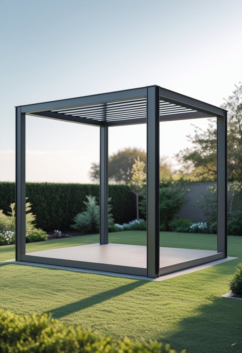 An open-frame gazebo with clean lines standing on grass surrounded by plants under a clear sky.
