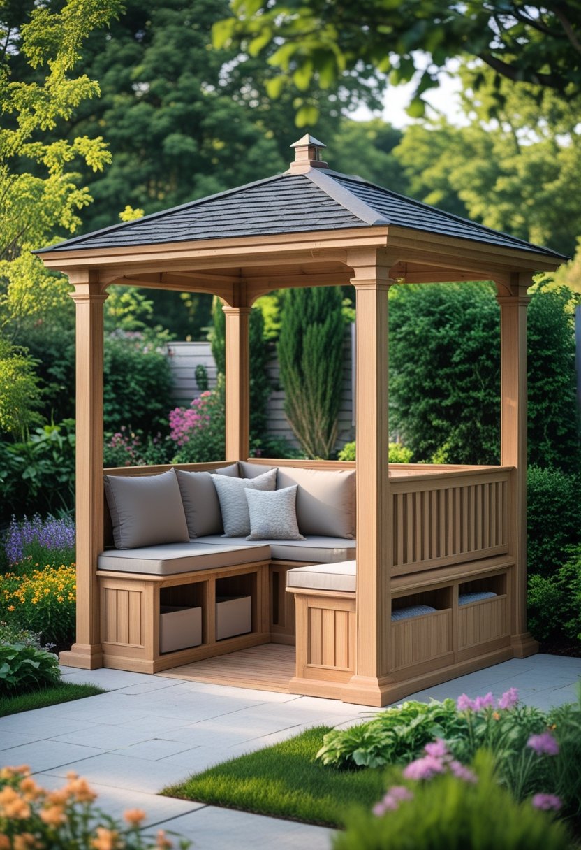 An outdoor gazebo with built-in seating and storage benches surrounded by greenery and flowers.