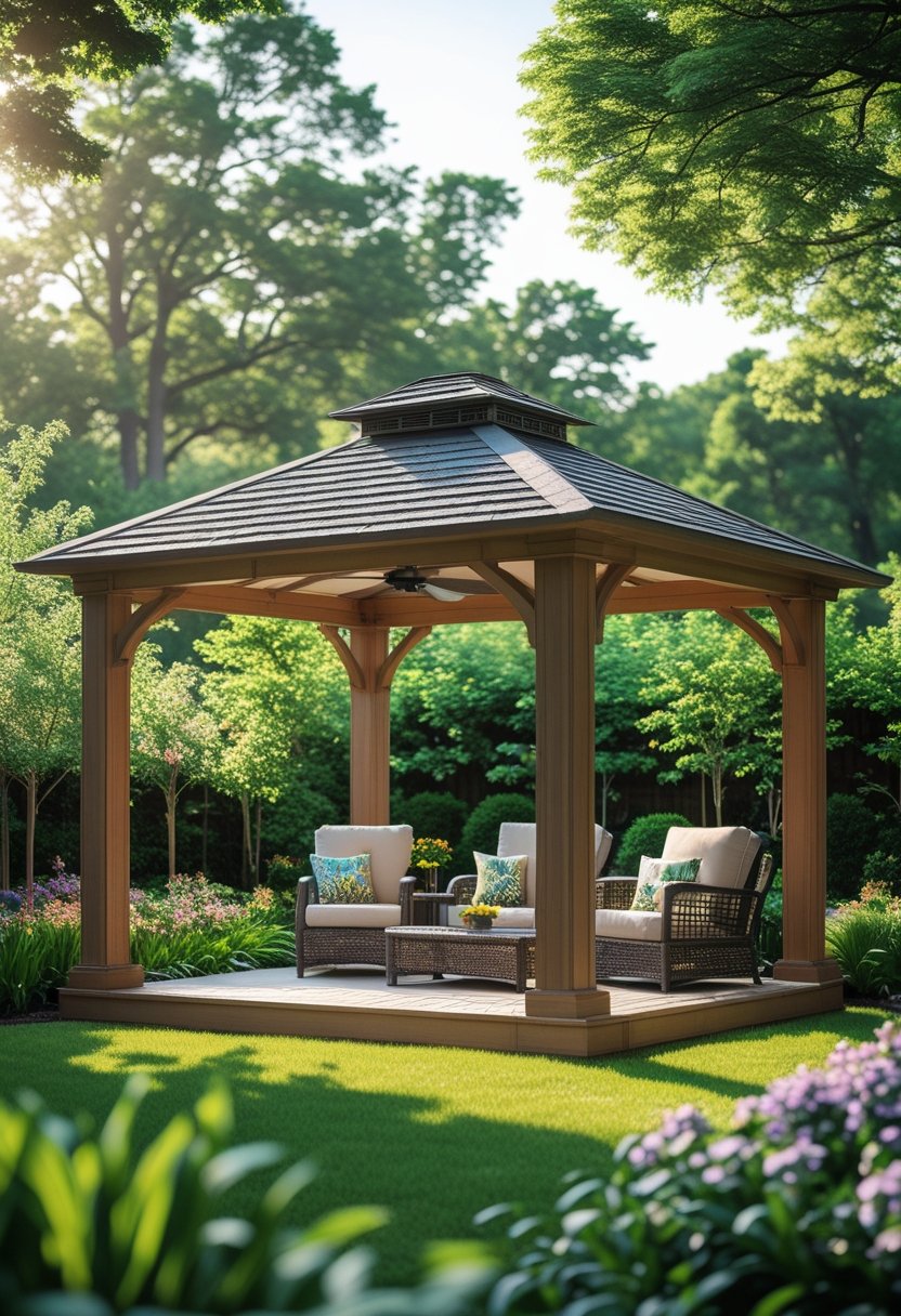 An outdoor wooden gazebo with ceiling fans, surrounded by green grass and flowering plants, featuring comfortable seating inside.