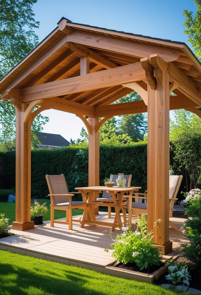 An outdoor wooden pergola-style gazebo in a garden with green grass and plants under a clear blue sky.