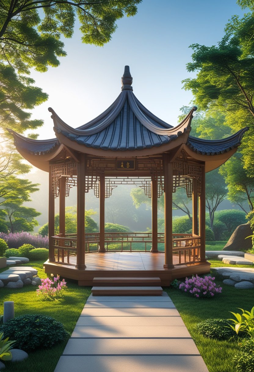 An outdoor gazebo with a curved roof surrounded by greenery and flowers in a garden setting.
