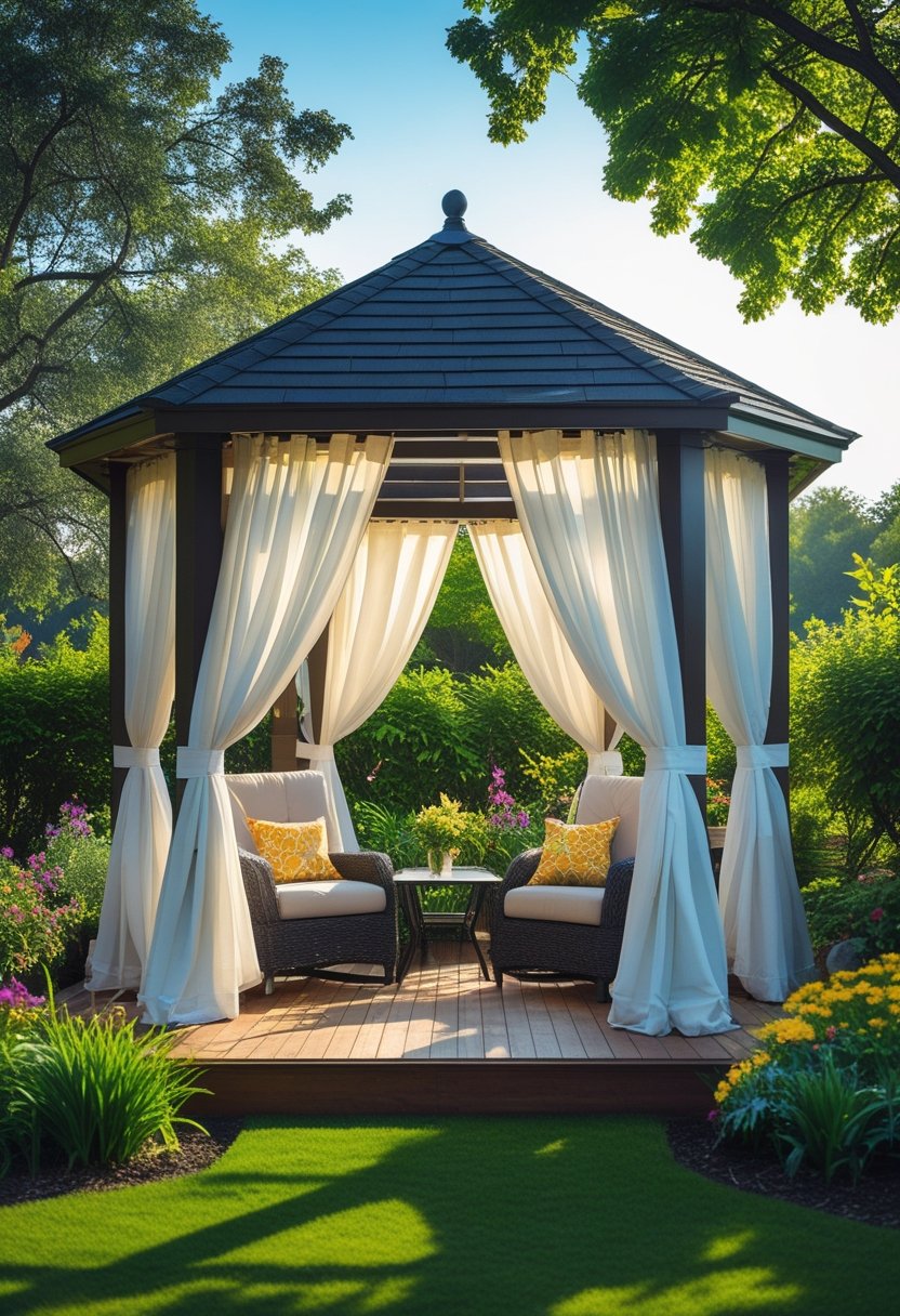 Outdoor wooden gazebo with white curtains surrounded by green grass and flowering plants.