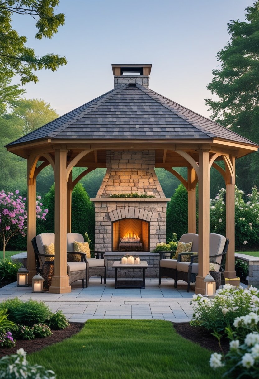 An outdoor gazebo with a stone fireplace surrounded by seating in a garden setting.