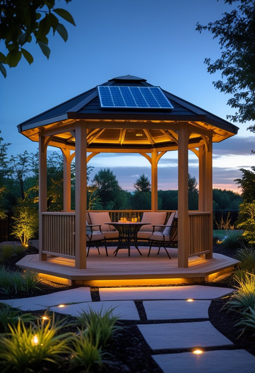 An outdoor wooden gazebo illuminated by solar-powered lights at dusk, surrounded by green plants and garden pathways.