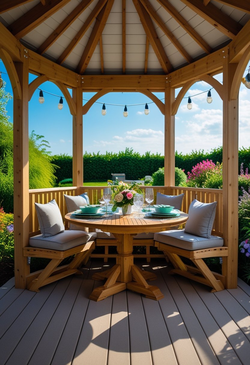 Outdoor gazebo with a wooden dining table and cushioned chairs set for a meal, surrounded by green plants and flowers.